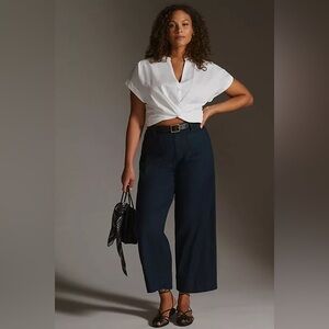 Anthropologie Maeve The Colette Linen Blend Crop Pants Navy 10